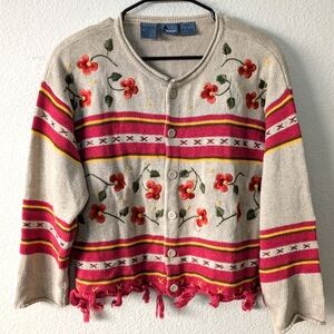 Lizwear Petite Cardigan Women's SP Embroidered Flowers Feminine Vintage